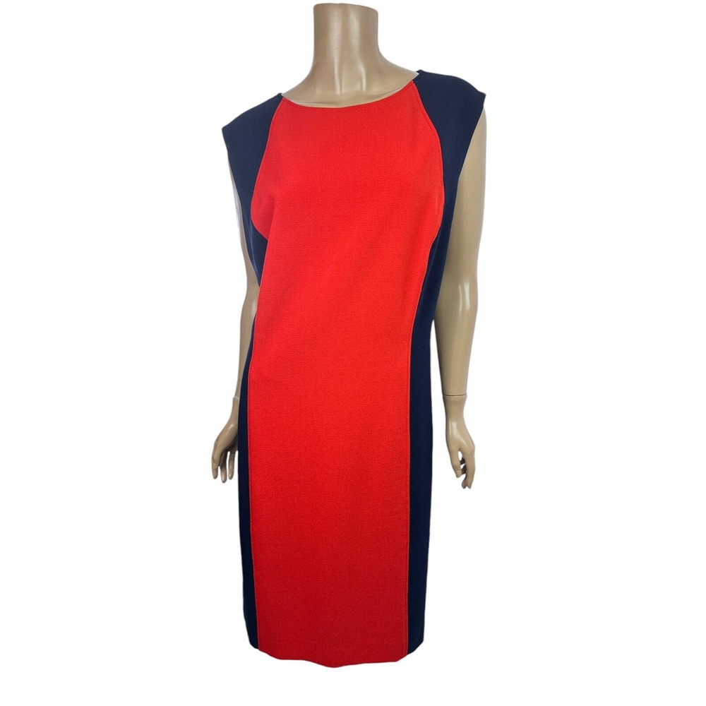 Tahari Size 16W Red & Navy Blue  Sleeveless Sheath Dress Polyester Blend